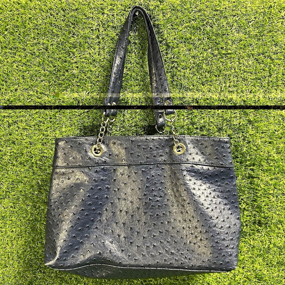 Blue Ostrich Pattern Medium Tote Snap Closure Shoulder Bag Silver Hardware